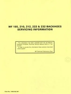 Massey Ferguson MF 185 210 212 222 232 Backhoe Service Manual Hoe • $34.76