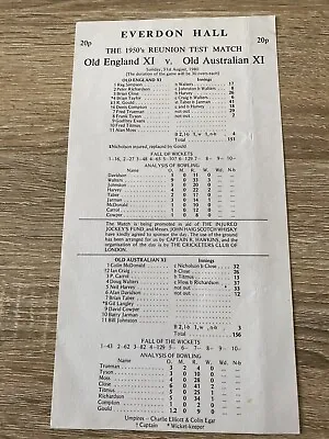 $15 • Buy CRICKET SCORE SHEET - Old England XI Vs Old Australian XI 1980