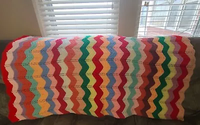 VERY NICE Handmade VINTAGE Grandma's Colorful Afghan Blanket Crochet Throw 60x55 • $24.95