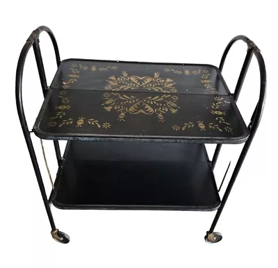 MCM Versa Table Fold N Roll Bar Cart Black Gold Caster Kitchen Party Serve 1950s • $105