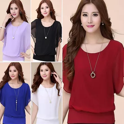 $10.97 • Buy Women's Loose Chiffon Blouse Batwing Short Sleeve Ladies Casual Tops Shirt S-5XL