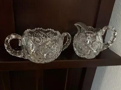 Vintage ~ Clear Cut Glass ~ Sugar Bowl & Creamer ~  W/Star Fan & Saw Tooth Edge • $13.25