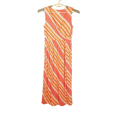 J Jill Womenw Dress S Petite Orange Pink Ikat Faux Wrap Midi Sleeveless Stretch • $21.99