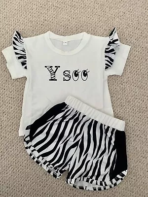 BNIB Girls Zebra Print Frill T-Shirt & Shorts To Fit Size 12-18 Months • £8.99