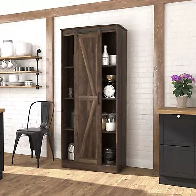 Rustic Brown Storage Cabinet Shelving Sliding Barn Door Pantry Organizer Utility • $224.90