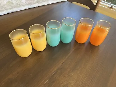 Vintage  Frosted Orange - Yellow - Turquoise Glasses Set Of 6 • $34