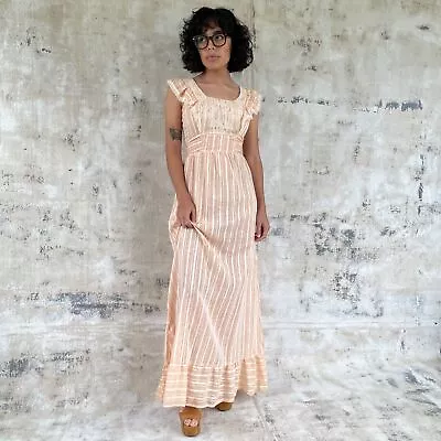 Vintage 70s Orange Striped Gauze Maxi Dress Lace Bohemian Spring Summer • $148