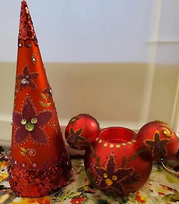 Disney Park Bohemian Red Glass Mickey Candle Holder & Christmas Tree Table Decor • $29.99