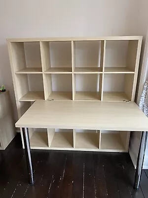 IKEA Kallax Shelving Unit 4X4 Light Oak/Ash Colour With Desk Attachment & Legs • £45