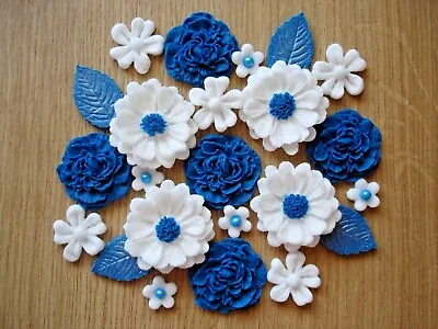 15 -ROYAL BLUE ROSE BOUQUET Edible Sugar Paste Flowers  Cake Decorations Toppers • £7.85