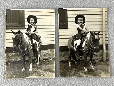 Boy & Girl On Pony Vintage Black White Photo Cowboy Outfits Chaps Hats 50s 5x7 • $19.88