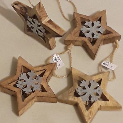 $9 • Buy 4 Pier 1 Rustic Star Snowflake Wood Tin Ornaments New
