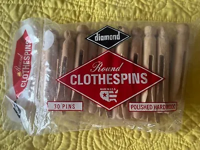 NOS Pkg Of 30 Vintage Wooden Clothes Pins Round Head Flat Top Black Diamond • $8