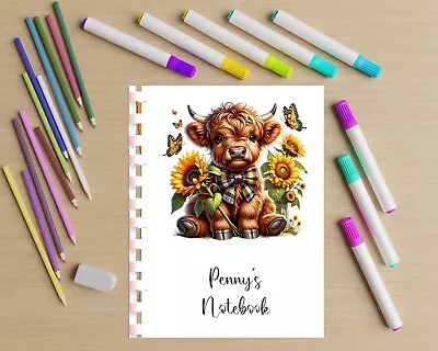 Personalised Notebook Notepad Note Gift- Cute Highland Cow / Florals / Bow - 77 • £5.95