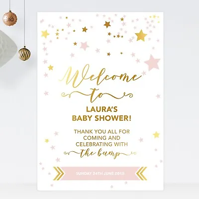 Personalised Baby Shower Welcome Sign In Gold Effect And Pink Stars (ST16) • £4.75