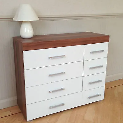 Wide Chest Of 4+4 Drawers In White & Walnut Bedroom Furniture 8 Drawer * NEW * • £104.95