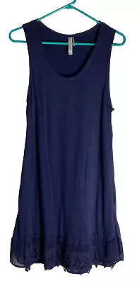 Monoreno Linen Dark Blue With Crochet Trim Sleeveless Loose Layered Dress Medium • $19.99