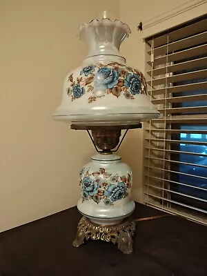 Vintage Gone With The Wind Style Blue Floral Hurricane Lamp With Chimney 23  H • $85