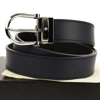 MONTBLANC Blue Black HORSESHOE Buckle Reversible Leather Belt ONE SIZE Italy NEW • $299.99