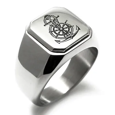 Stainless Steel Nautical Anchor Helm Wheel Mens Square Biker Style Signet Ring • $15