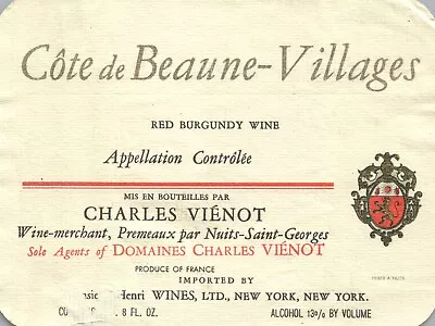 Charles Vienot Cote De Beaune Villages French Wine Label Vintage Original A414 • $11.97