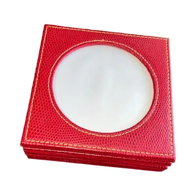 Set Of 4 Red Pebbled Faux Leather Coasters Black Picture Insert Felt Bottom • $6.99
