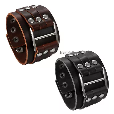 Punk Mens Wide Genuine Leather Studded Wrist Cuff Wrap Bracelet Adjustable • $8.99