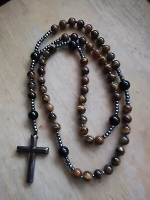 Mens Tigers Eye Black Onyx Hematite Rosary Beads ALL GEMSTONE 26  Necklace • $48