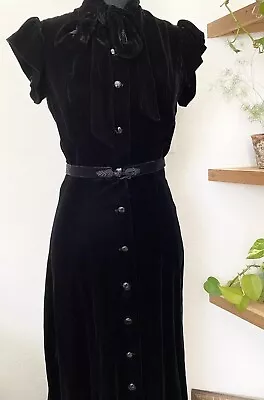 60s Velvet Button Vintage Tie Bow Flutter Sleeve Belted Evening Dress Victorian • $159