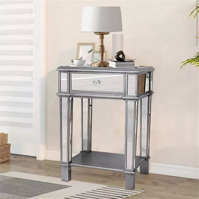 Mirage Mirrored Nightstand W/ Drawer Crystal Knob Matte Silver Trim Accent Table • $123.90