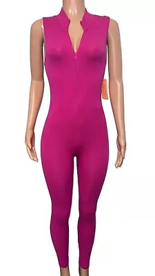 Hot Barbie Pink Ribbed Seamless Stretch Zipper Catsuit Jumpsuit Nwt Active Yoga • £28.76