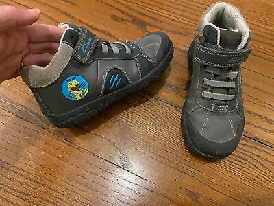 Clarks Boys Toddler Grey Leather Blue Dinosaur Themed Ankle Boots Shoes 12 • $14.95