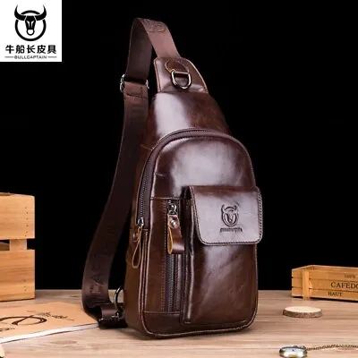 BULLCAPTAIN Men Genuine Leather Shoulder Bag Crossbody Bag Messenger Chest Bag • $35.99