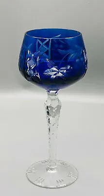 Vintage Bohemian Cobalt Blue Cut To Clear Grapes Leaves Wine Stem Glass • $29.89