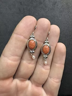 5.8g VTG CCO Sterling Silver 925 Orange Stone Pearl Drop Earrings Jewelry Lot P • $7.70