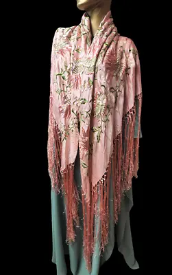 Vintage Chinese Piano Scarf Fringed Floral Embroidery Silk Shawl Wrap • $475.95