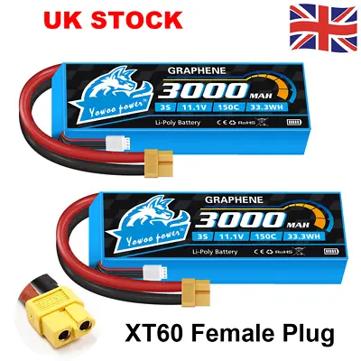 2pcs Yowoo 3S 11.1V 3000mAh 150C XT60 Graphene Lipo Battery For RC Truck Drone • £44.49