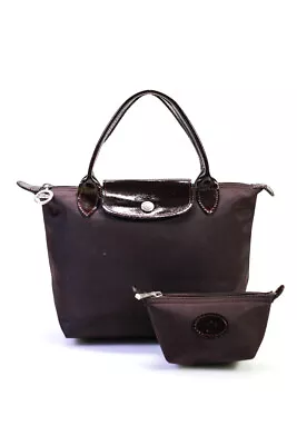 Longchamp Le Pliage Nylon Faux Leather Trim Double Top Handle Tote Handbag Plum • $85.39