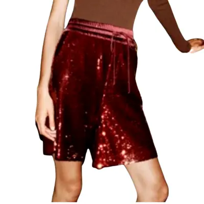 $45 • Buy Zara High Waisted Burgundy Red Sequin Shorts Elastic Waist W/ Pockets Sz XS