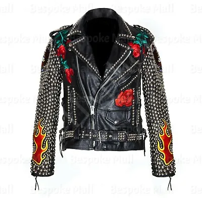 New Men's Black Punk Top Quality Silver Studded Cowhide Biker Leather Jacket    • $461.09