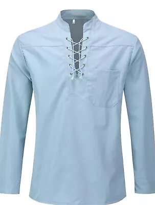 Sliktaa Men S Casual Shirts Long Sleeve Stand Collar Classic Lacing Tops Vintage • £8.99