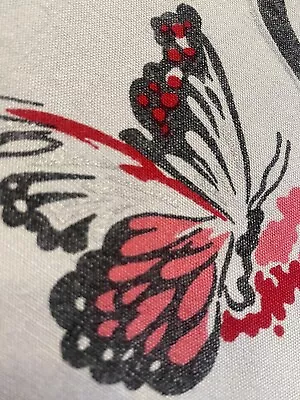 VTG MCM PINK Red Butterflies FLORAL Gray Tablecloth METALLIC SILVER 72  X 52 EUC • $35