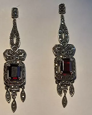 825 Siver Marcasite Red Glass Stone Dangly Pierced Earrings • £12.99