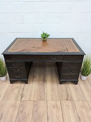 Large Vintage Tan Leather Top Captains Pedestal Desk  • £449