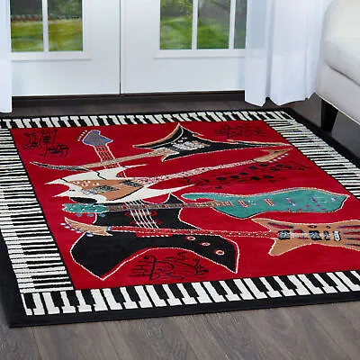 Red Piano Keys Border Area Rug Guitar Music Notes Carpet - Approx 5' 3  X 7' 5  • $64.99