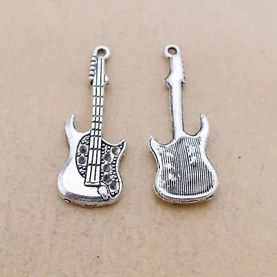 4 Electric Guitar Pendants Antique Silver Tone Band Charms Music Jewelry Finding • $4.33