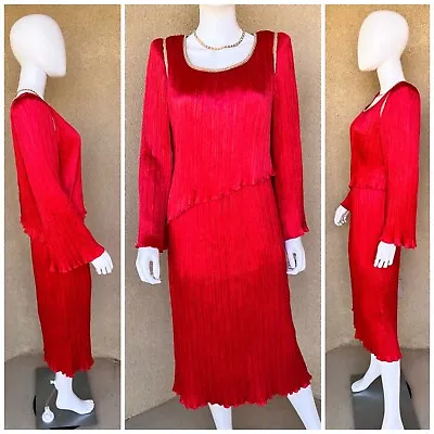 1980s Red Fortuny Pleated Cocktail Dress With Gold & Pearls • $85