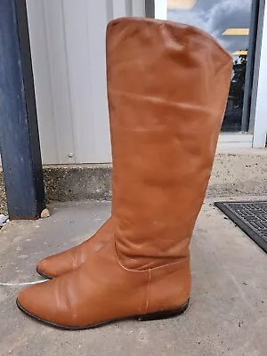 Vintage Nine 9 West Women's Sz 7- 7 1/2 Camel Brown Leather Tall Boots Brazil • $30