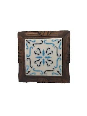 Mexican Tile Trivet Framed In Handcarved Wood Handpainted Blue Brown Design • $12.60