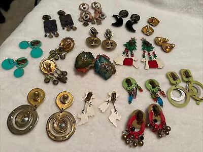 Vintage 80s Jewelry 15 Pairs Clip On Colorful Chunky Fun Funky Earrings Enamel • $15